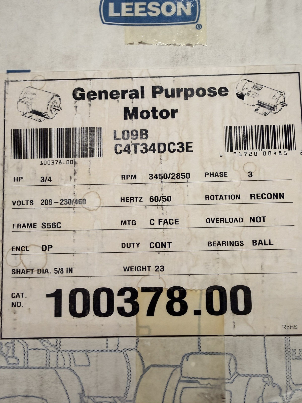 Leeson 100378.00 Electric Motor C4T34DC3E 3ph 3/4hp 208-230/460V 3450/2850rpm