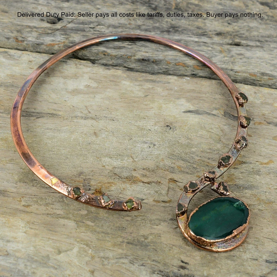 Gargantilla Electroformada Áspera Turmalina Verde Vasonita Natural Collar Cobre Foto 3 de 4