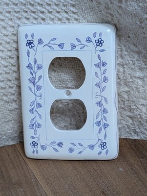 #939 AmerTac Purple White Floral Duplex Outlet Cover Plate Porcelain 