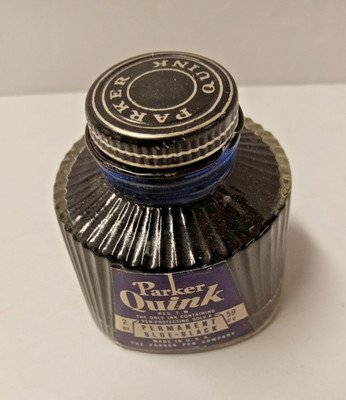 Vtg NOS Parker Quink Bottled Ink - 2fl Oz / 59cc - Permanent Blue-Black - Full