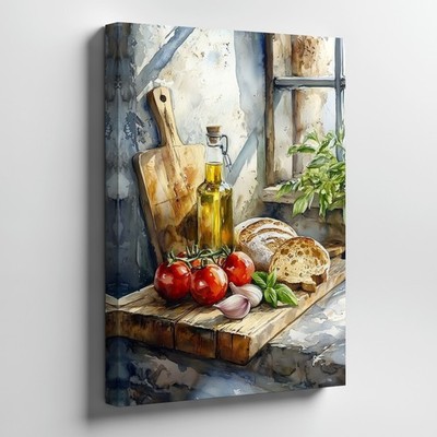 Rustic Kitchen Wall Art Canvas Featuring Fresh Tomatoes Garlic Bread Oil Home