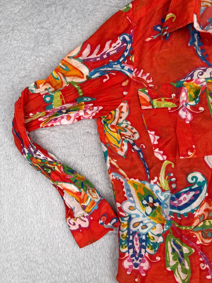 Camisa Lauren Ralph Lauren Mujer Grande Roja Floral Mezcla Seda Mangas Largas Abotonada Foto 3 de 4