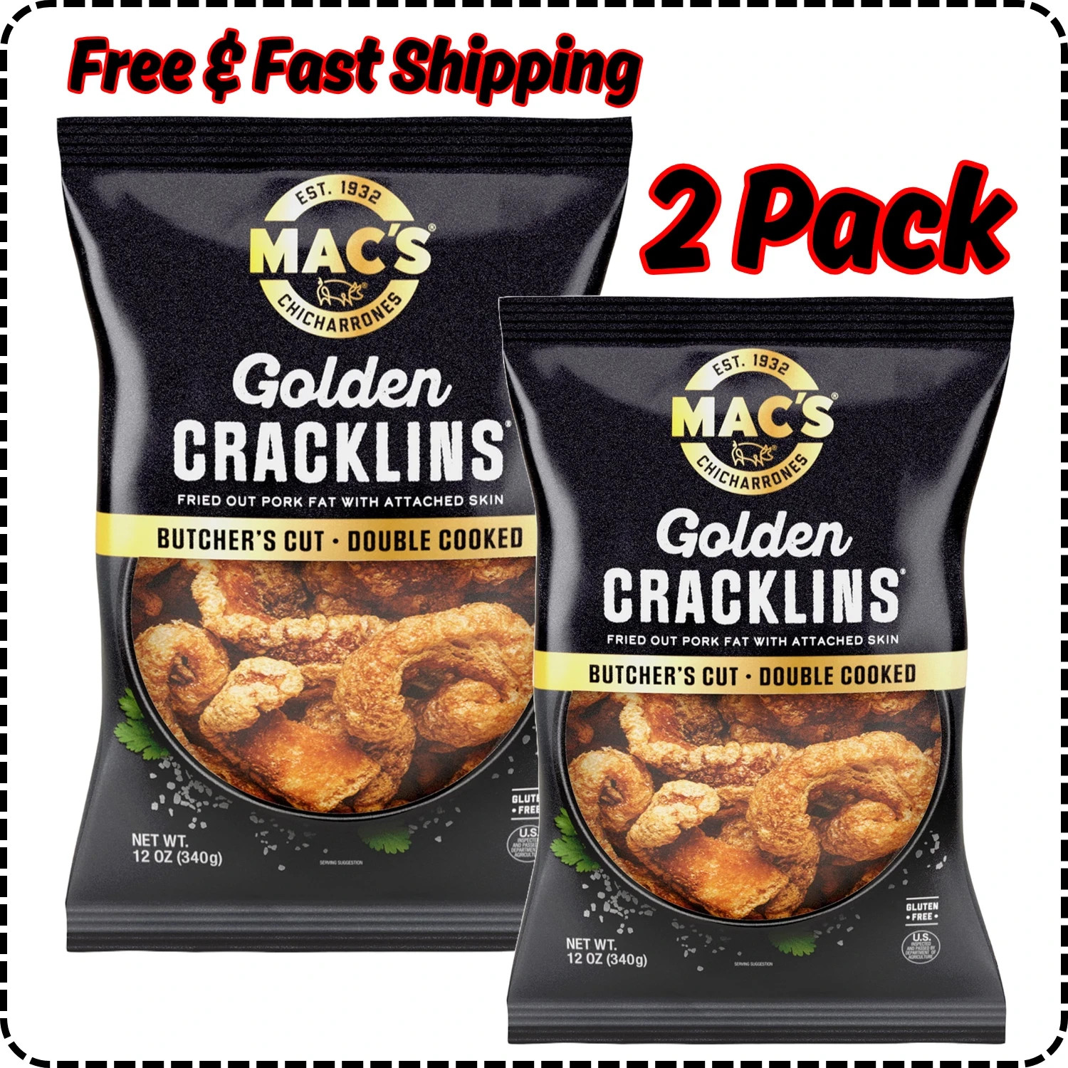 Mac's Chicharrones Golden Cracklin Curls, Fried Pork Fat with Skin, 12 oz, 2Pack
