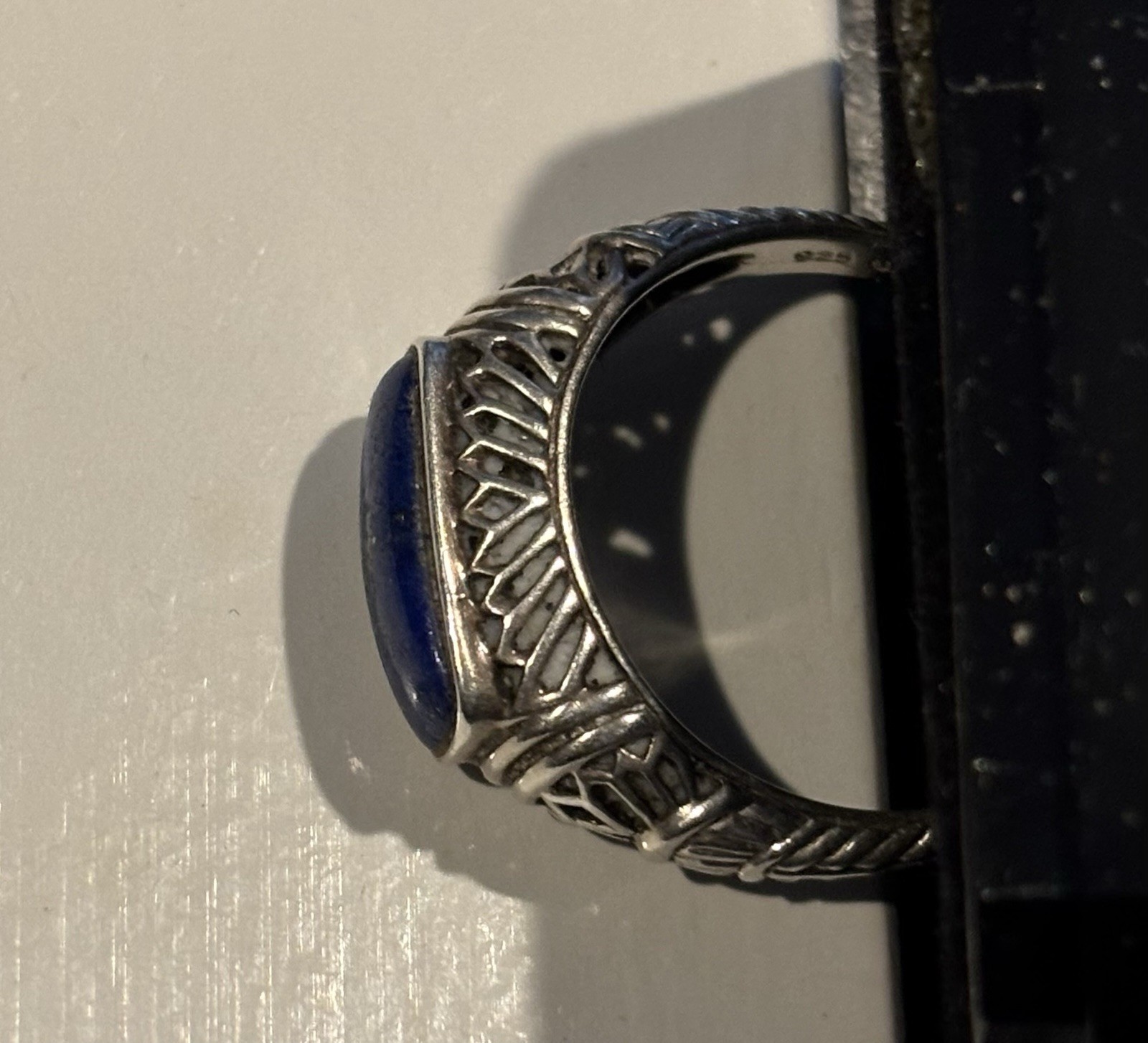 Vintage Ring Unisex Rectangular Lapis Stone Filig… - image 2