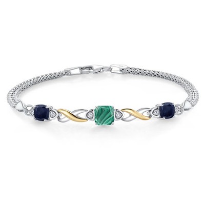 2.99 Ct Green Malachite Blue Sapphire 925 Silver and 10K Yellow Gold Bracelet