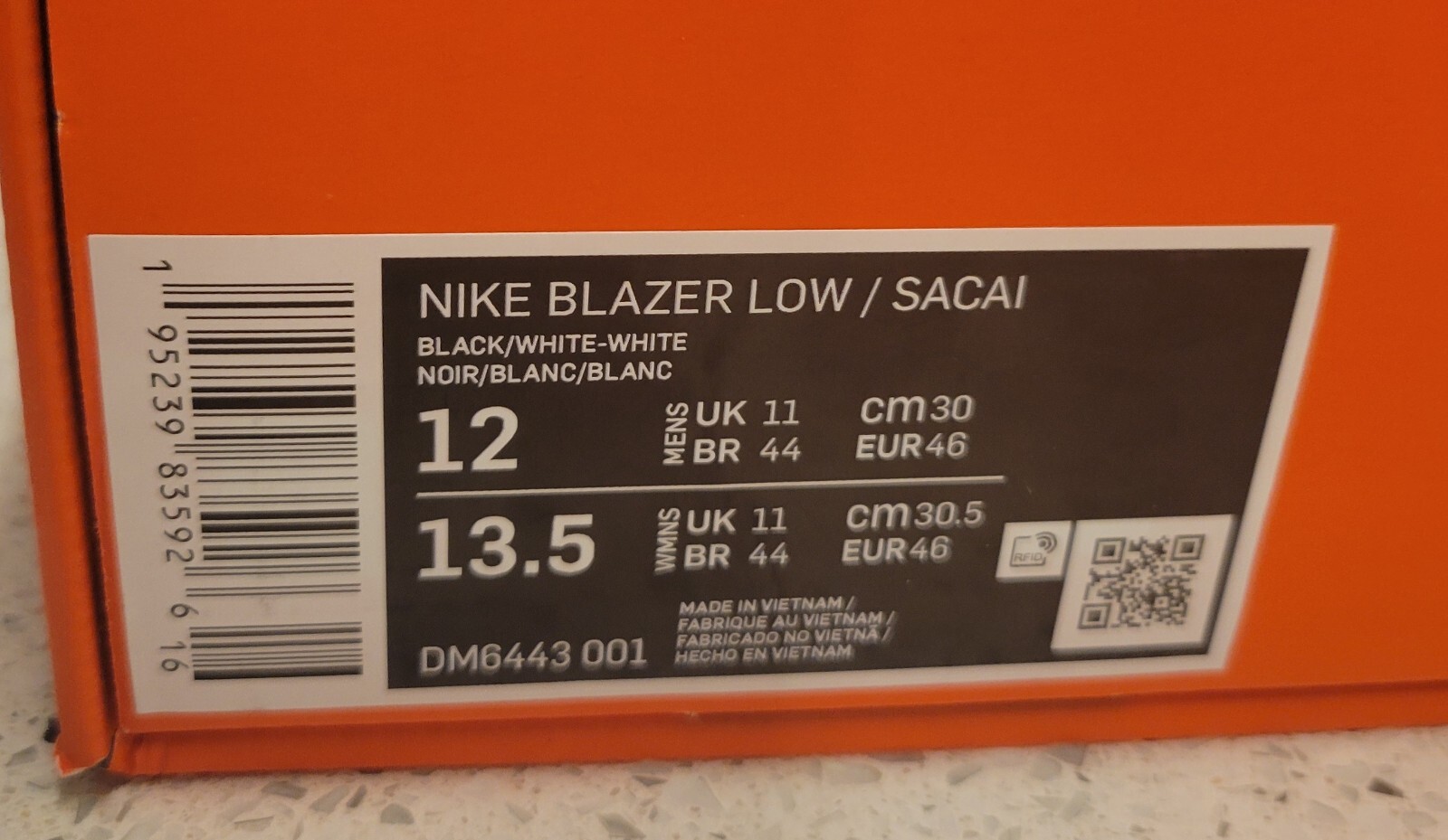SACAI X NIKE Nuovo con scatola taglia 12 Nike Blazer Low x Sacai nero lucido 2022 DM6443 001