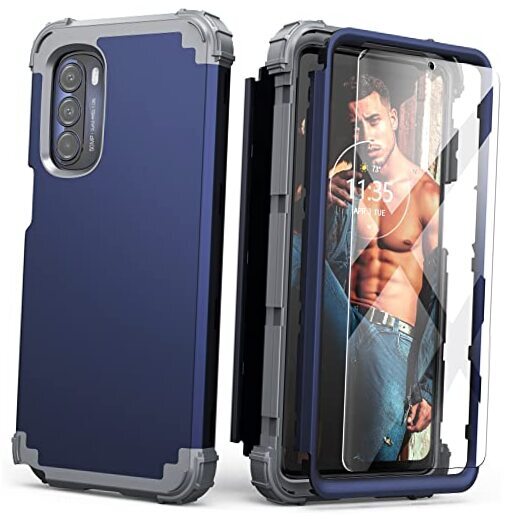 Moto G Stylus 5G 2022 Case with Tempered Glass Screen Protector, 3 Navy Blue