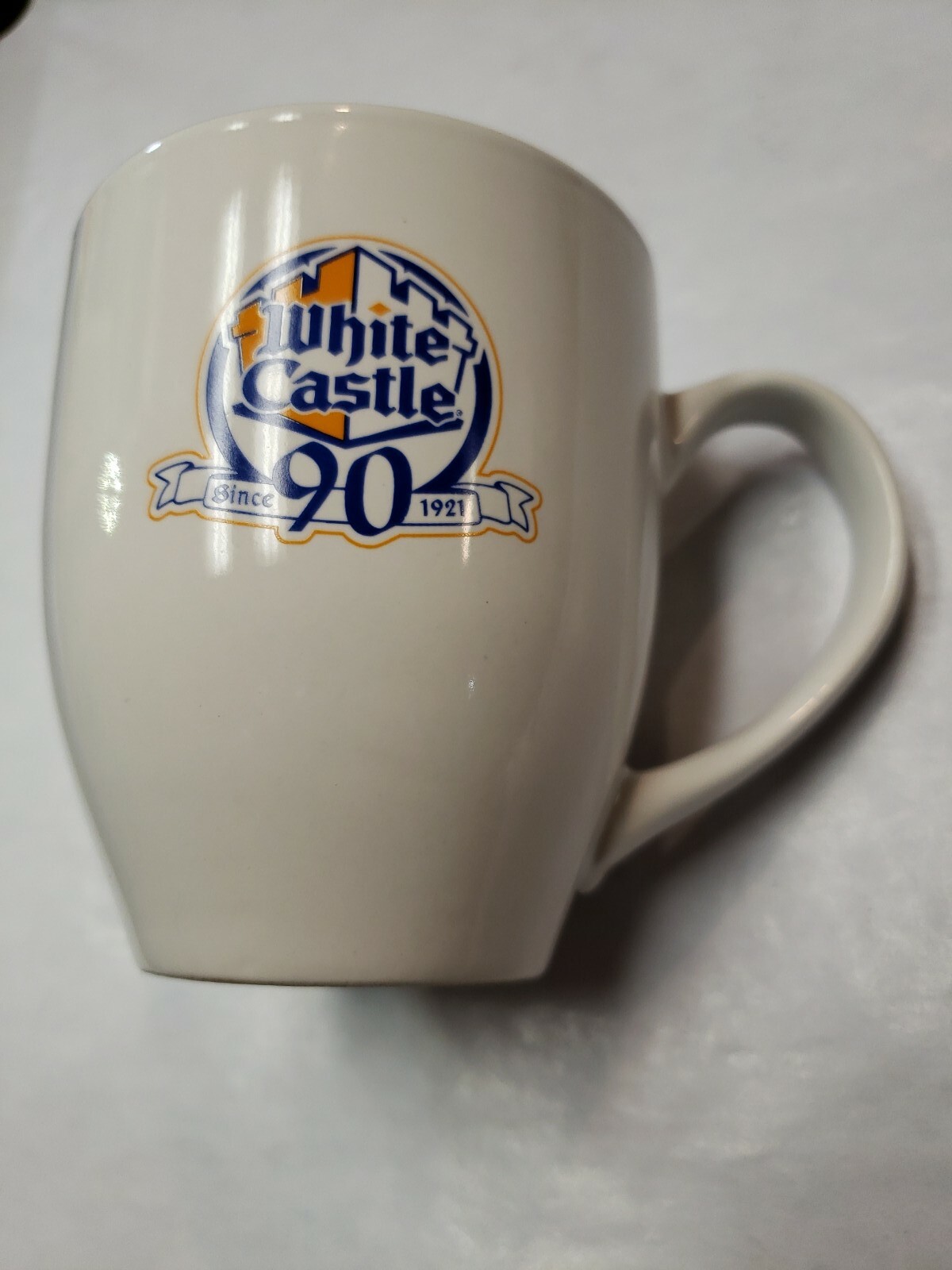 Vintage White Castle Coffee Mug Cup Blue yellow logo 90 year