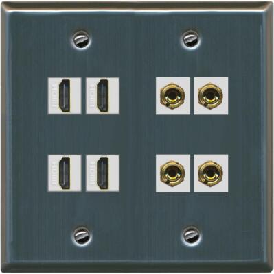RiteAV 4 HD 4 Banana (2 Speaker) Wall Plate Flat 2 Gang [Stainless Steel]