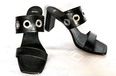 VINTAGE AUTHENTIC ITALY HUGO BOSS LEATHER BLACK HEEL SANDALS SHOES US 8.5 EU 39