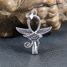 Solid 925 Sterling Silver Egyptian ANKH Cross w/ Wings & Eye of Horus Pendant