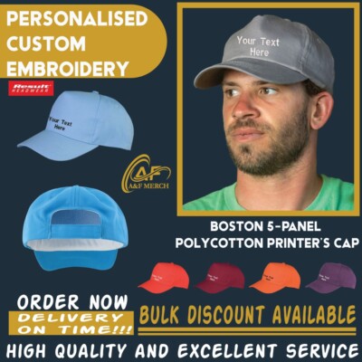 Personalised Embroidered Result Headwear Boston 5 Panel Polycotton Printers Cap