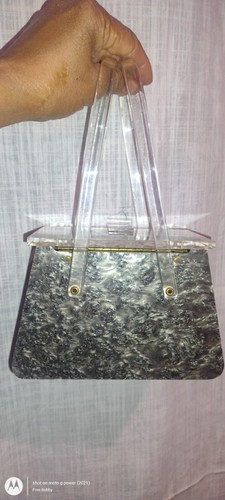Purse Handbag Clear & Gray Pearlized Trapezoid Box Lucite Satchel ! - Picture 2 of 9