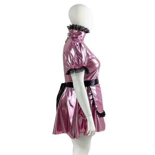 Lockable Shiny Metallic Patent Leather Turtleneck Short Puff Sleeve Maid Dress - Picture 8 of 14