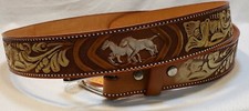 Men's brown leather belt white horses leaves design 32 inch long buckle western