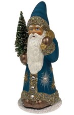 Schaller Paper Mache Candy Container - Santa in Aqua with Fancy Stars and Crysta
