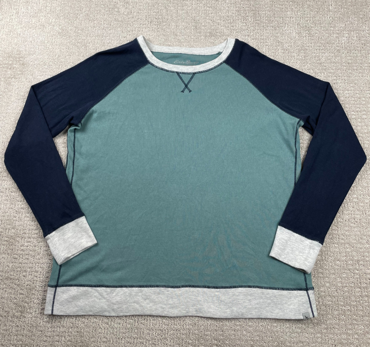 Eddie Bauer Sweater Womens XL Blue Raglan Sleeve Long Sleeve 2 Tone Legend Wash