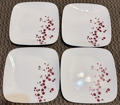 Corelle Hanami Garden Square 10.5'' Dinner Plates Set of 4 Red Flowers Excellent