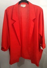 VTG Joanna Made In USA Red Linen Open Front Blazer Size LG