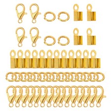 Lobster Clasp Open Jump Ring Fold Over Cord End Caps for Jewelry DIY, Gold