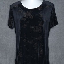 Black Velvet Floral Glitter Short Sleeve Dress 14 By S.L. Fashions Made In USA