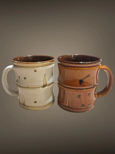 Vintage Set of 2 Capodimonte Ceramic Porcelain Tiki Bamboo MCM Style Coffee Mugs