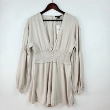 New Women s Beige Long Sleeve Button Smocked Waistband Romper Jumpsuit Sz M D5