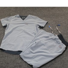 NWOT FIGS Reversible Scrub Set Light Blue Charcoal Grey V-Neck Top Pants Size-S