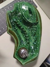 Vintage Large Table Ashtray Drip Speckle Glaze Green MCM With Lighter And Lid 