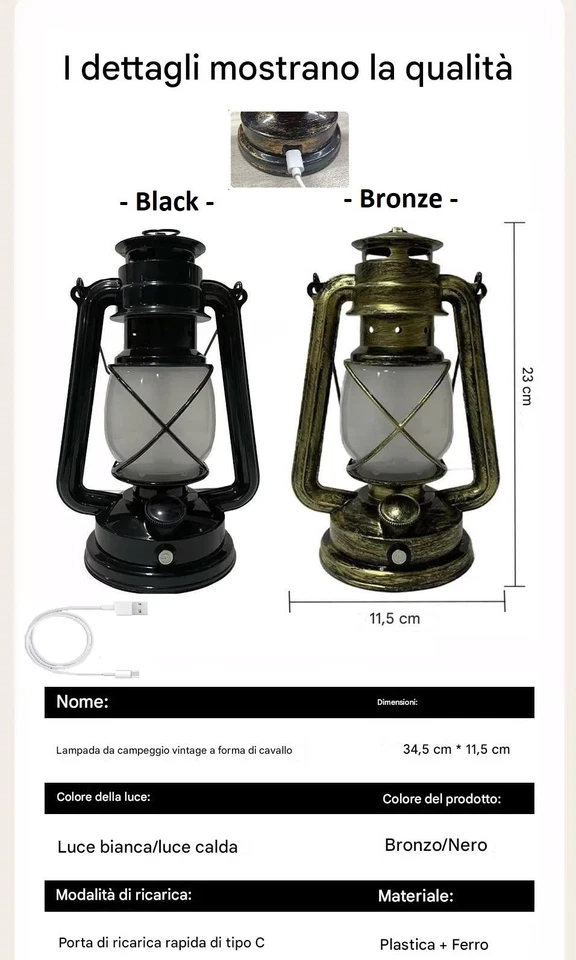 Lampada A Led Ricaricabile USB Portatile Stile Retro' Lanterna Atmosfera Vintage - Immagine 2 di 4