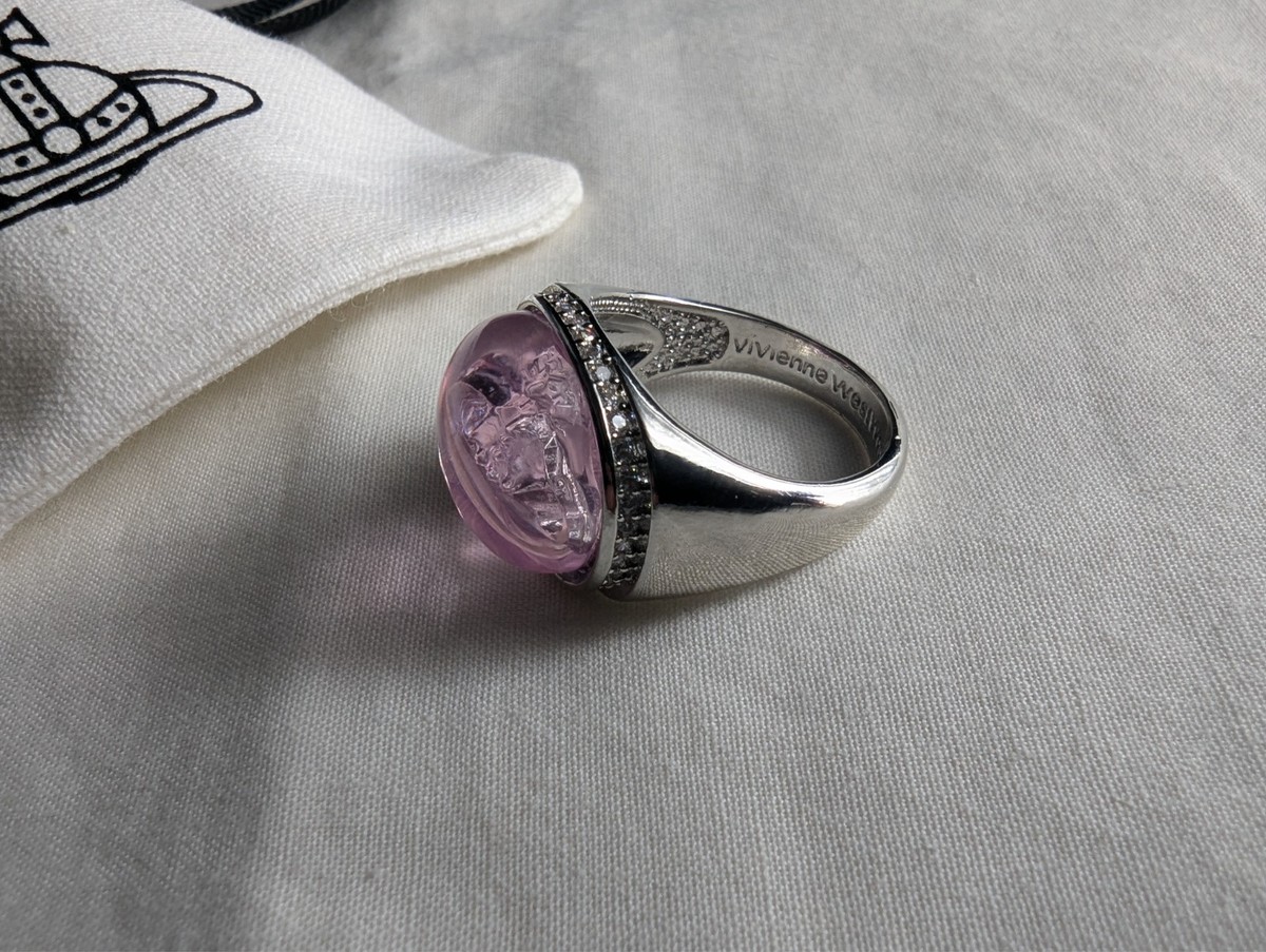 Vivienne Westwood Silver and Etched Pink Orb Stone Ring UK Size P