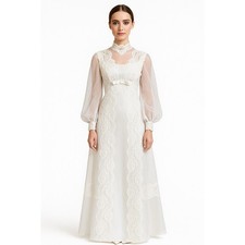 Vintage 1970s Sheer Lace High Neck Bridal Wedding Gown with Bow Detail XS