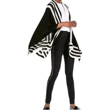 Pure Cashmere OS Striped Poncho Wrap Shawl Open Front Cardigan Quiet Luxury 