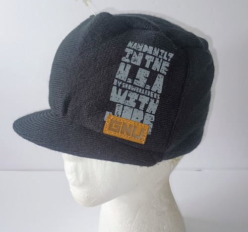 GNU Beanie With a Brim Military Style Black One Size Snowboard USA New Y2K Vtg