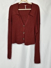 Free People Burgundy Collared Button Up Cropped Cardigan Classic Cozy 90's style