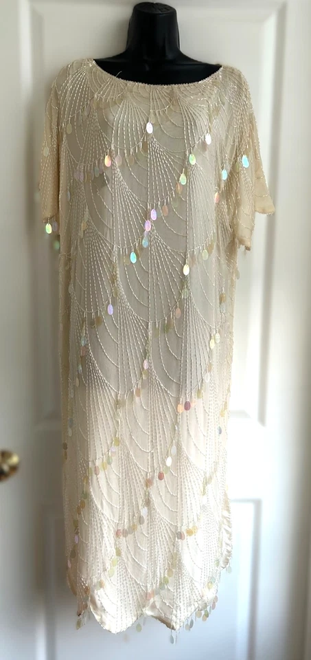 Vintage Oleg Cassini 1980s Ivory Sequin Cocktail Dress Size 12 Gatsby Wedding - Image 3 of 4
