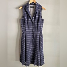 Navy Stripe Shirt Dress Sleeveless Button Front A-Line Work Dress 12