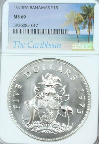 1973 BAHAMAS SILVER 5 DOLLARS S$5 NATIONAL ARMS NGC MS 69 HIGH GRADE BEAUTIFUL