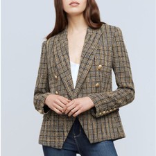 L'agence Kenzie Double Breasted Tweed Blazer Jacket Gold Buttons Black Us 4