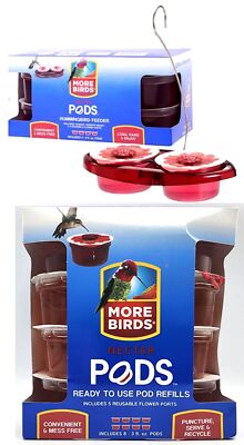 More Birds Hummingbird Feeder Hanger 4 Nectar Pods PLUS Box of 8 Refills=12 Pods