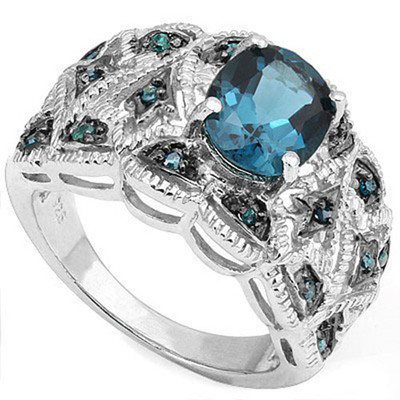 LOVELY 2.20CTW LONDON BLUE TOPAZ & BLUE DIAMOND PLATINUM OVER 925 S.SILVER RING 
