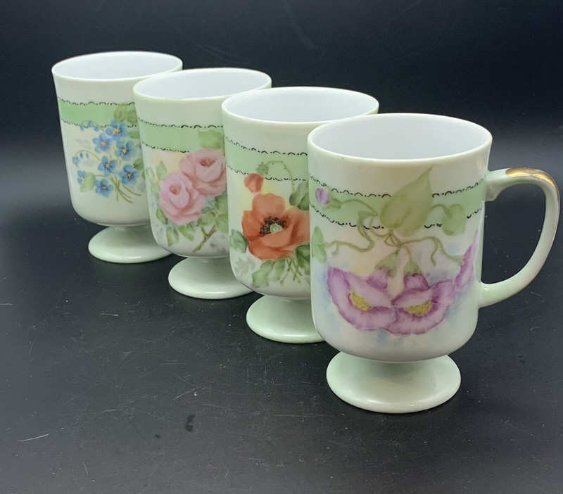 Cafe Mugs P. Bereznik Signed Handpainted Green, Floral, Set of 4 1986