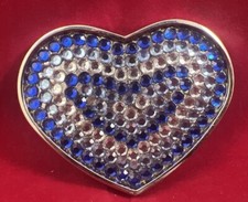 Rhinestone Heart Belt Buckle Silver Tone Metal Blue Lt Blue  Clear Vintage