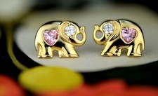14k Yellow Gold Elephant CZ Heart Stud Earrings Screwback