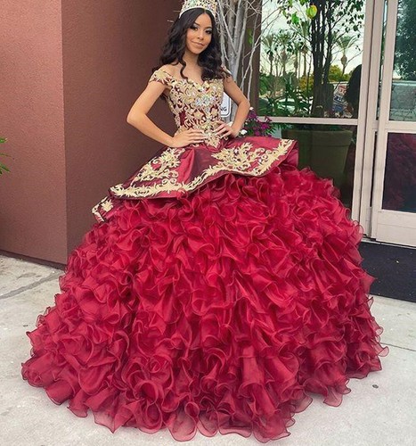 Burgundy Gold Embroidery Quinceanera 