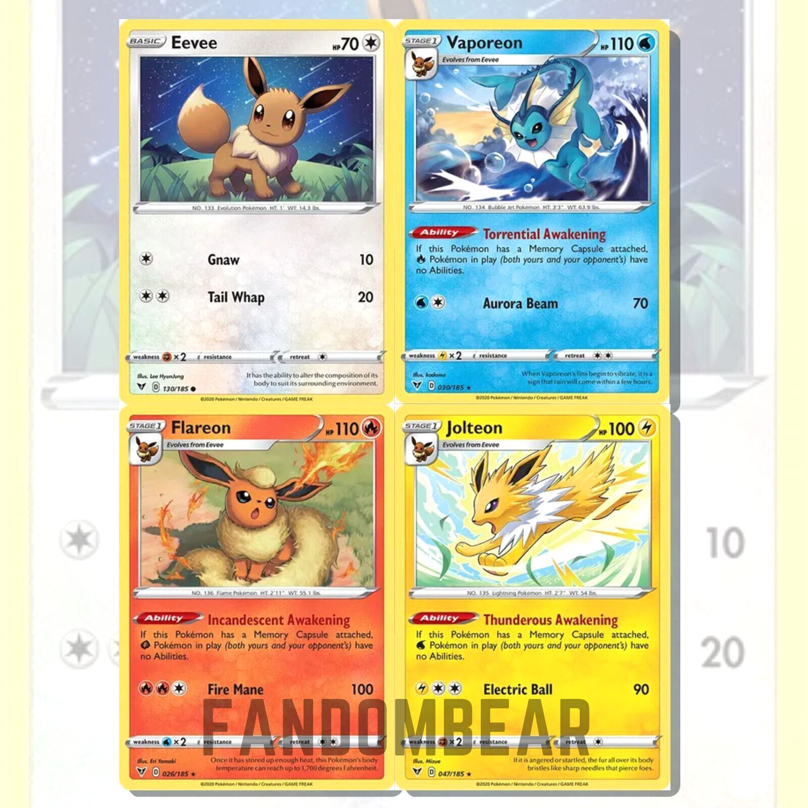 Jolteon Flareon Vaporeon Eevee - Vivid Voltage - Evoltuion Pokemon Card Lot  - Rare 4 Card Set - 047/185-026/185-030/185