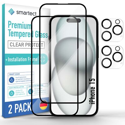 2x Schutzglas Full Screen Klar für iPhone 15 Anbringhilfe + 2x Kameraschutz