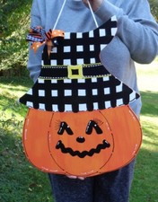 Pumpkin Checkered Hat Door Hanger Sign Autumn Fall Thanksgiving Halloween Decor