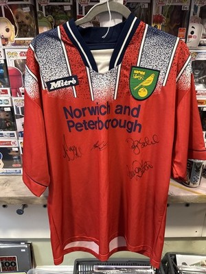 Original Norwich City 1996/97 Auswärtstrikot signiert Autogramme Mitre Vintage Large