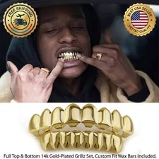 14k Gold Plated Hiphop Teeth Grillz Topbottom Grill Set Bonus Waxhigh Quality
